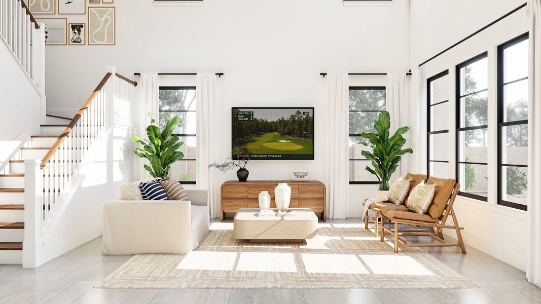 Two-story great room with natural light