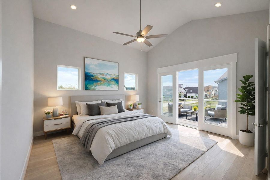 Vaulted Primary Bedroom Ceilings - Wide Plank Wood Floors - Walk Out Balcony (Picture was virtually staged)