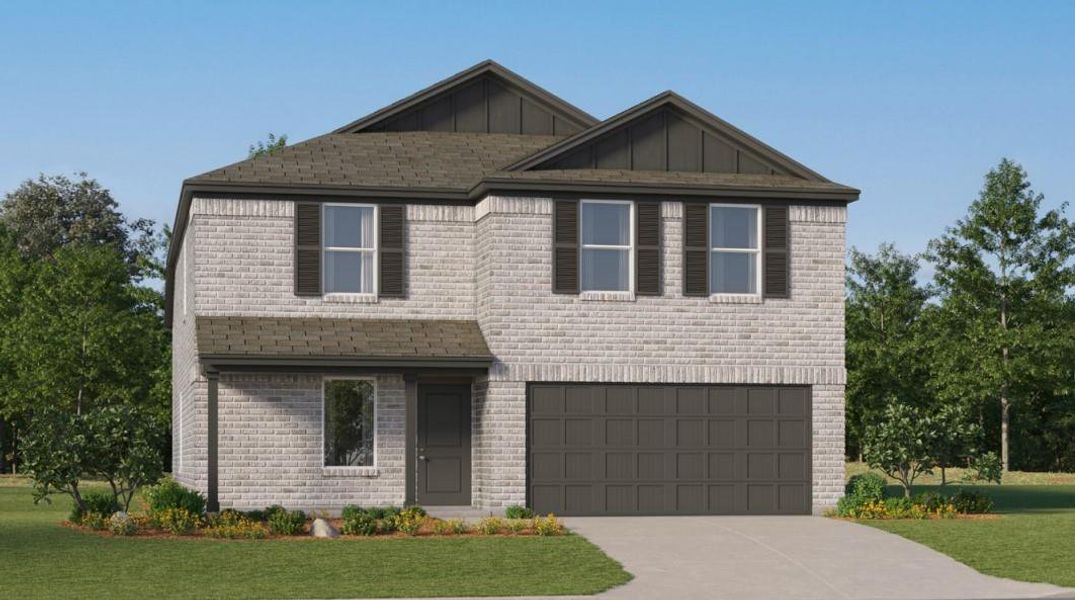 Front exterior of a new home in The Grand Prairie: Watermill Collection, Hockley, TX, highlighting curb appeal (Image 1).