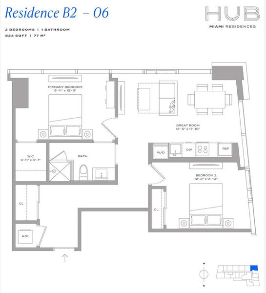 2D floor plan layout for the Residence B2 06 by The John Buck Company in HUB Miami, Miami, FL (Image 1). 2D floor plan layout for the Residence B2 06 by The John Buck Company in HUB Miami, Miami, FL (Image 1).