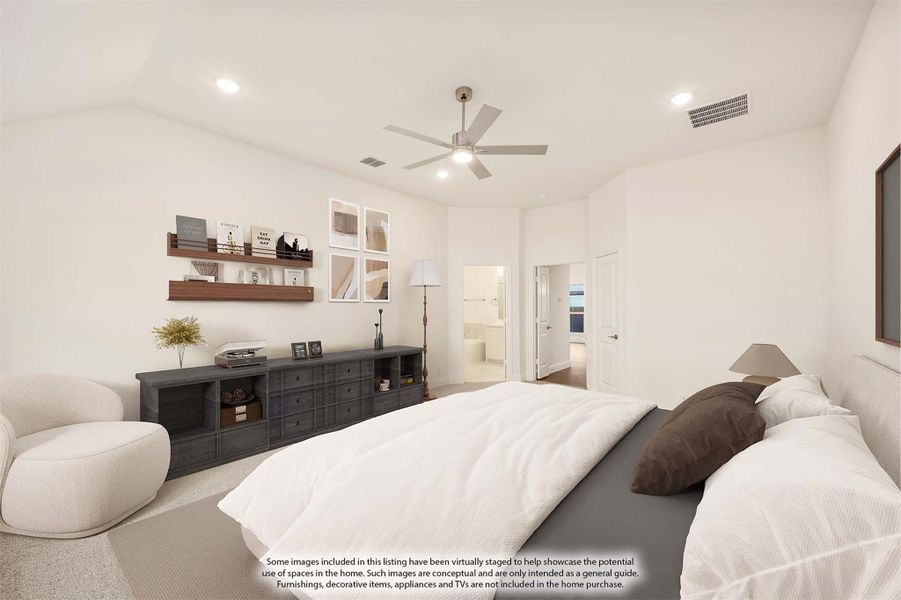 Spacious master bedroom with ceiling fan, white walls, and open doorway to ensuite bathroom Spacious master bedroom with ceiling fan, white walls, and open doorway to ensuite bathroom