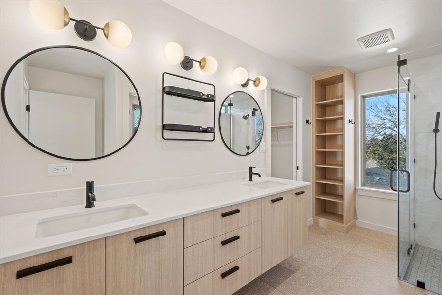 Full bath featuring double vanity, a stall shower, a sink, and visible vents