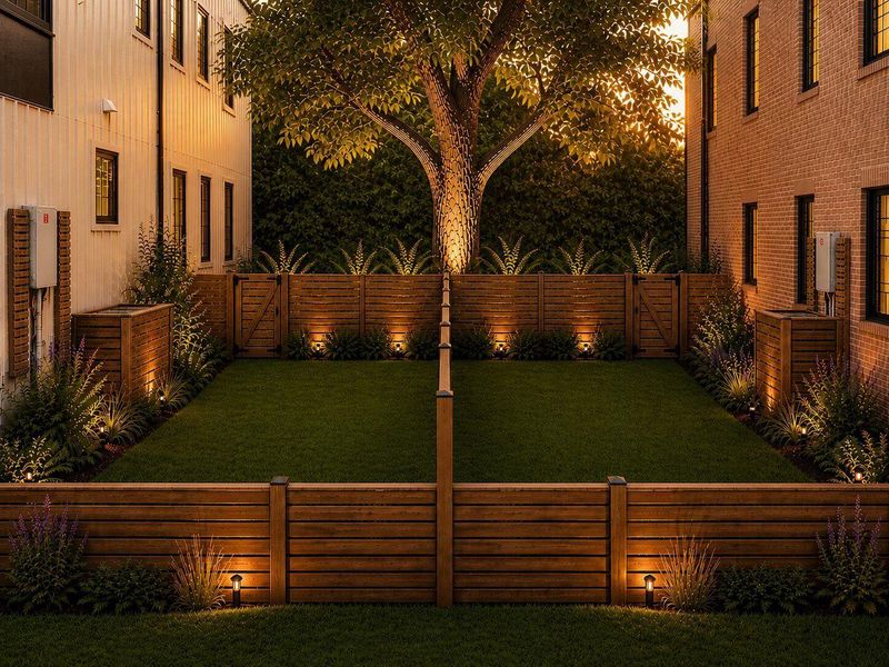 Illuminated garden space with privacy fencing and lush landscaping for tranquil outdoor moments.