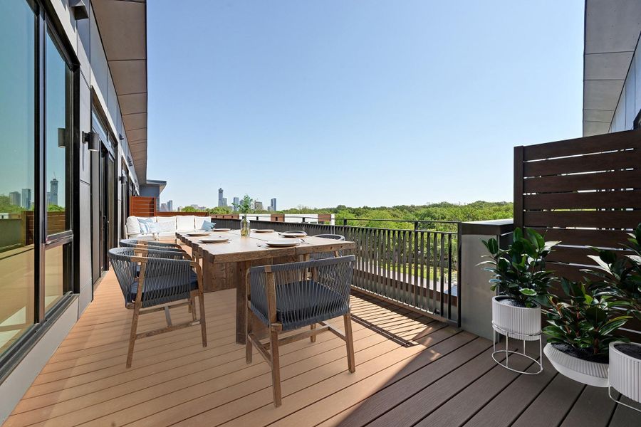 Exterior details and patio area of a home in One Oak, Austin (Image 2). Exterior details and patio area of a home in One Oak, Austin (Image 2).