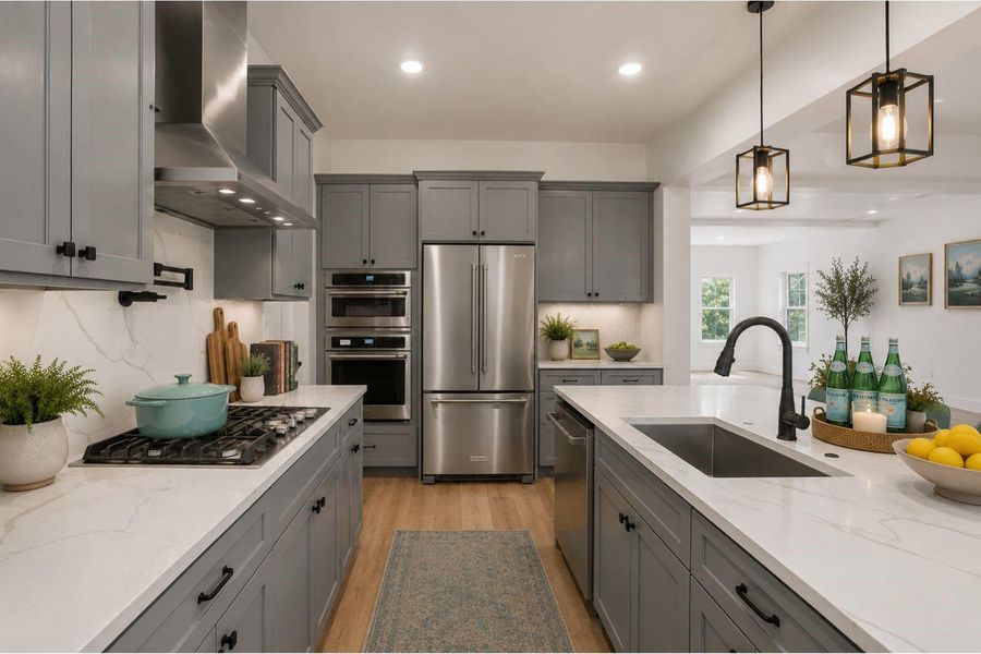 Another view of the beautiful kitchen, farm sink, pot filler, quartz counters, pendant lighting, wall oven, built in microwave, recessed lighting, open to family, huge windows streaming sunlight through the home. Fridge pictured is *virtual Another view of the beautiful kitchen, farm sink, pot filler, quartz counters, pendant lighting, wall oven, built in microwave, recessed lighting, open to family, huge windows streaming sunlight through the home. Fridge pictured is *virtual