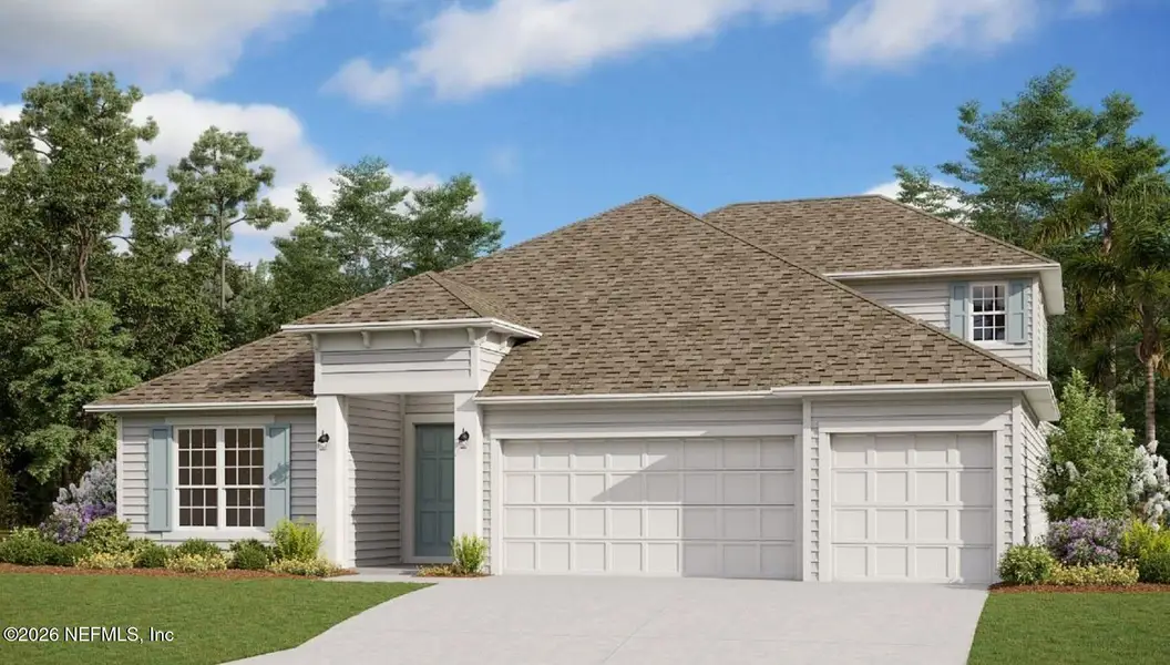 Front exterior of a new home in Seminole Trace, Palm Coast, FL, highlighting curb appeal (Image 1). Front exterior of a new home in Seminole Trace, Palm Coast, FL, highlighting curb appeal (Image 1).