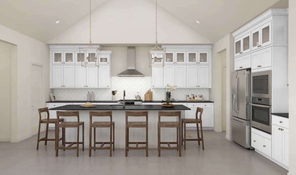 Kitchen with pendant lighting and glass upper cabinets