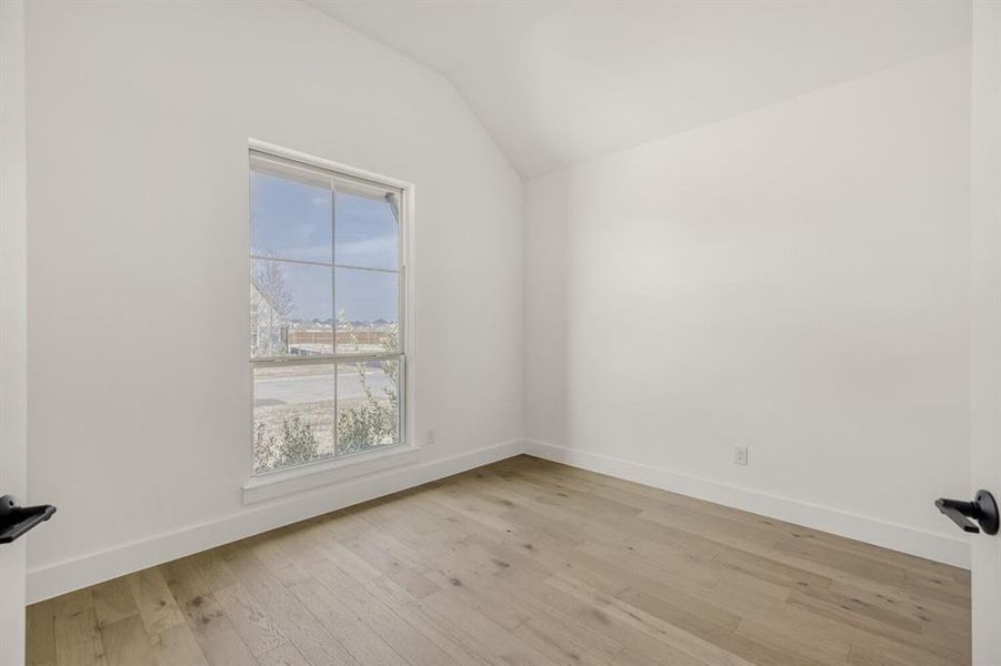 Unfurnished room featuring lofted ceiling and light wood-style floors