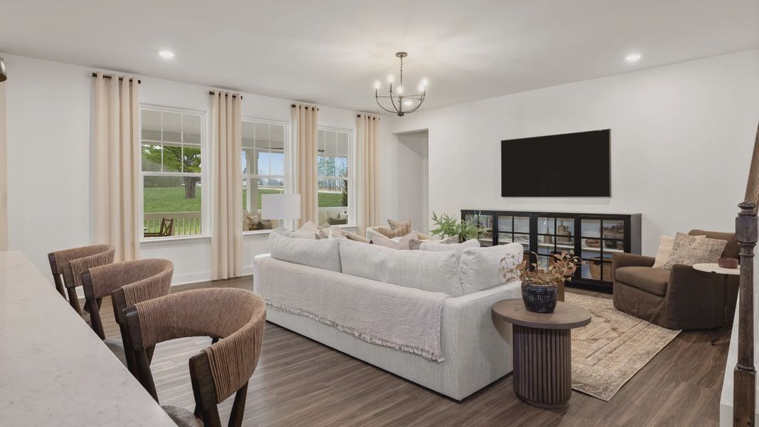 Townsend home plan open concept living space/family room connected with kitchen and breakfast area