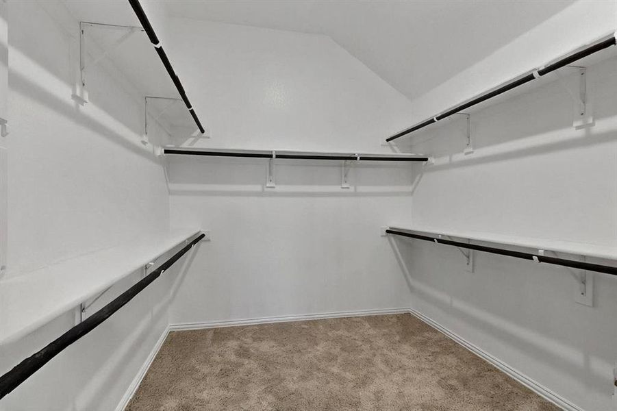 Spacious closet featuring carpet and vaulted ceiling
