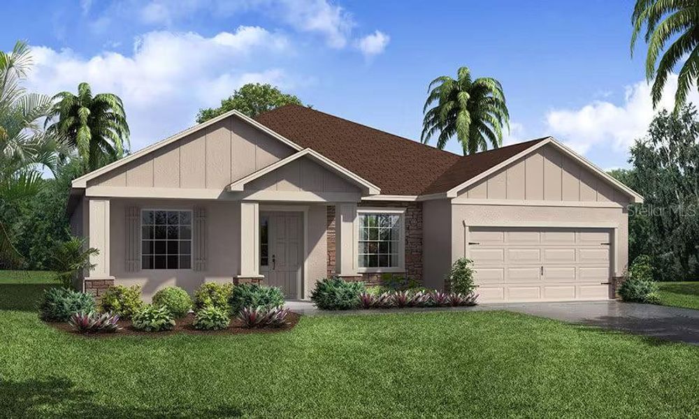 Front exterior of a new home in The Lakes, Lake Alfred, FL, highlighting curb appeal (Image 1).
