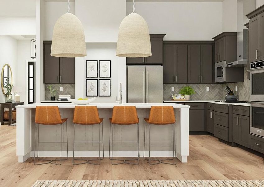 Rendering of the Mantle's open floor plan
  kitchen, with a large island accommodating 4 counter stools. Quartz
  countertops, herringbone tile backsplash, stainless steel KitchenAid
  appliances and brown cabinets finish the look.