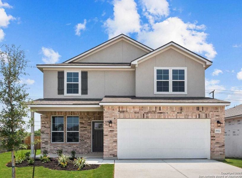 Front exterior of a new home in August Fields, New Braunfels, TX, highlighting curb appeal (Image 1).
