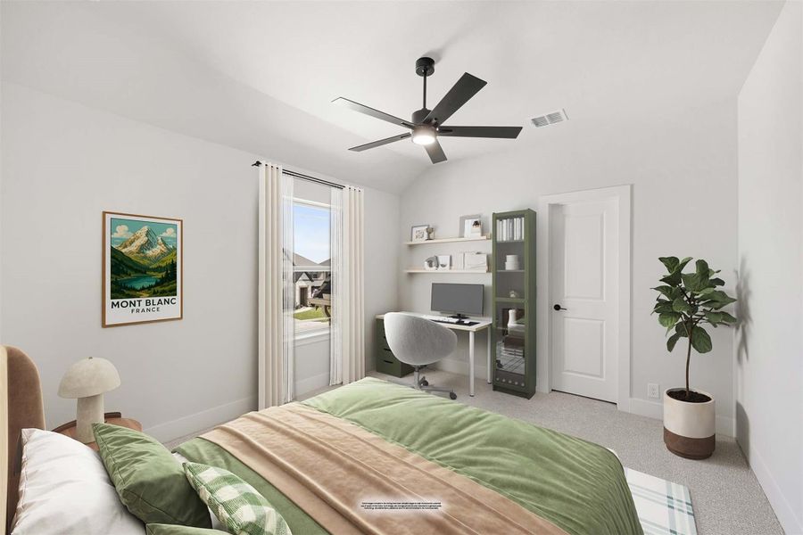 Bedroom with vaulted ceiling, ceiling fan, built-in desk area, and green bedding on a queen bed