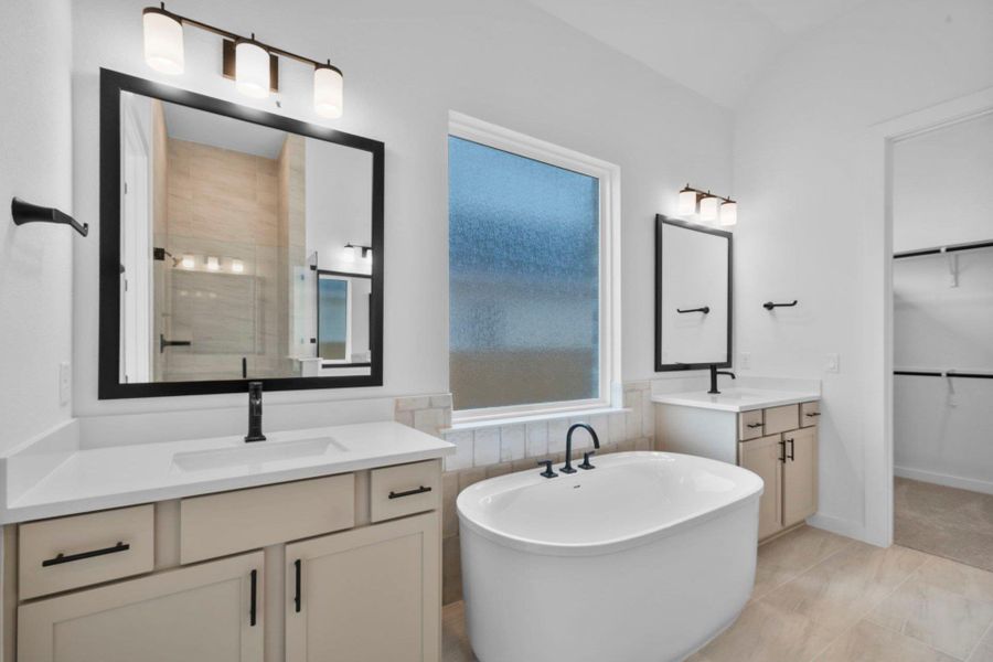 Primary Bath retreat with dual vanities & soaking tub