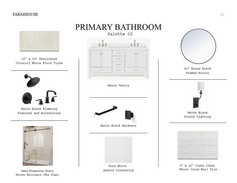 Farmhouse Look Palette 2: Primary Bathroom Selection Sheet (*Artist rendering used for illustration purposes only.)