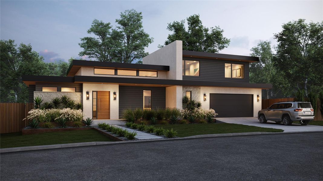 Modern architectural residence featuring a prominent two-car garage Modern architectural residence featuring a prominent two-car garage