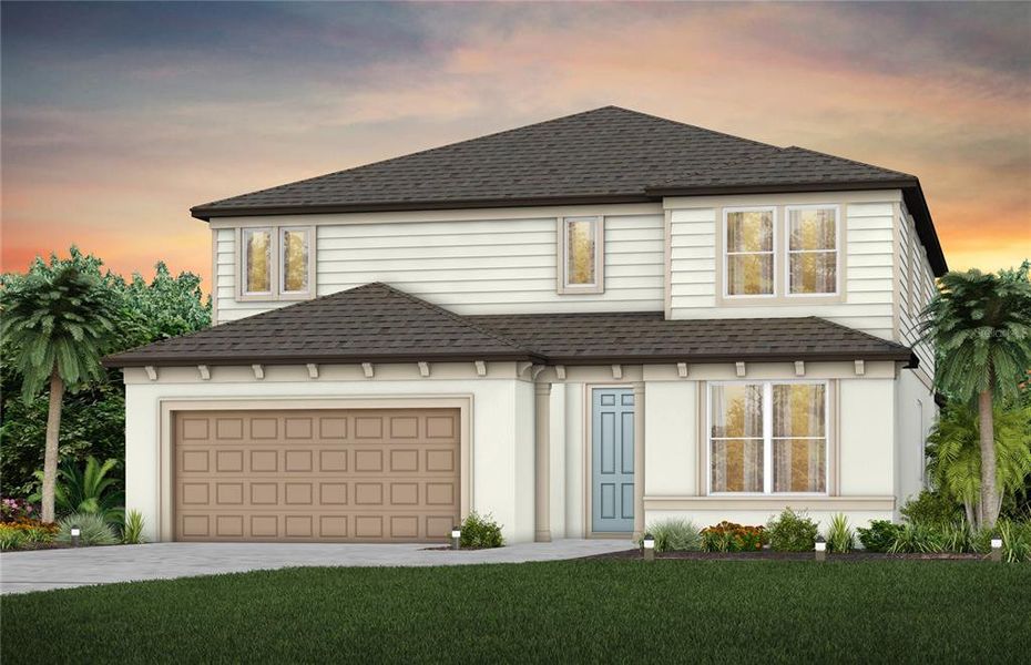 Front exterior of a new home in Caldera, Spring Hill, FL, highlighting curb appeal (Image 1). Front exterior of a new home in Caldera, Spring Hill, FL, highlighting curb appeal (Image 1).