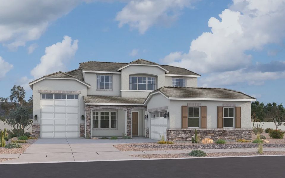 Front exterior of a new home in Valencia at Granite Vista, Waddell, AZ, highlighting curb appeal (Image 2). Front exterior of a new home in Valencia at Granite Vista, Waddell, AZ, highlighting curb appeal (Image 2).