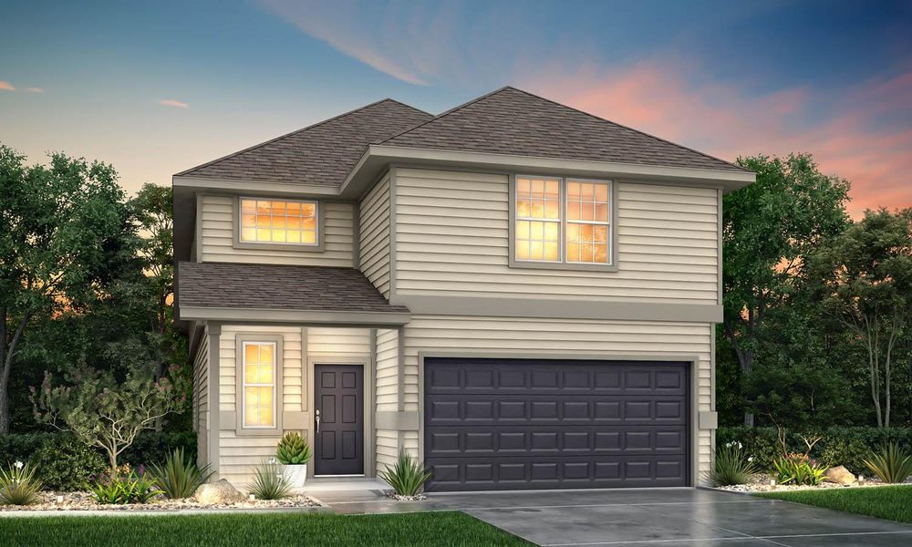 Front exterior of a new home in River's Edge, Conroe, TX, highlighting curb appeal (Image 1).