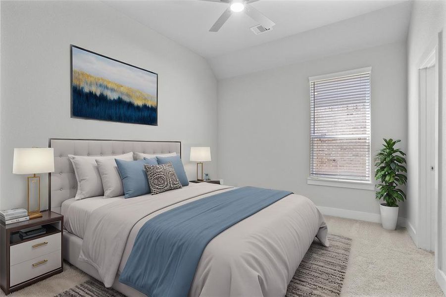 Secondary bedroom features plush carpet, custom paint, high ceilings, ceiling fan, and a large window with privacy blinds.