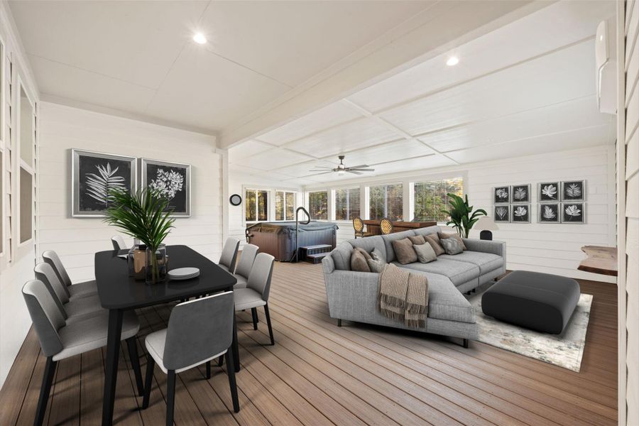 Sunroom / solarium with wooden walls, wood finished floors, recessed lighting, and a hot tub Sunroom / solarium with wooden walls, wood finished floors, recessed lighting, and a hot tub