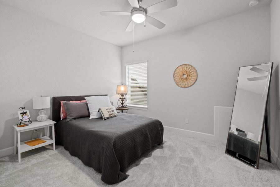 Carpeted bedroom featuring baseboards and a ceiling fan Carpeted bedroom featuring baseboards and a ceiling fan