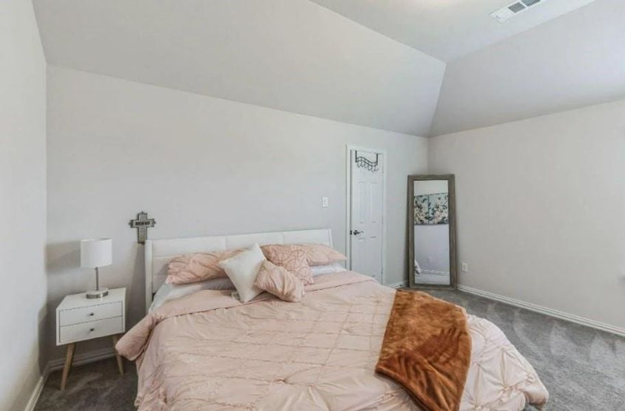 Bedroom with lofted ceiling and carpet flooring