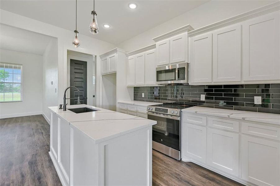 Kitchen with white cabinets, tasteful backsplash, a sink, dark wood finished floors, and stainless steel appliances