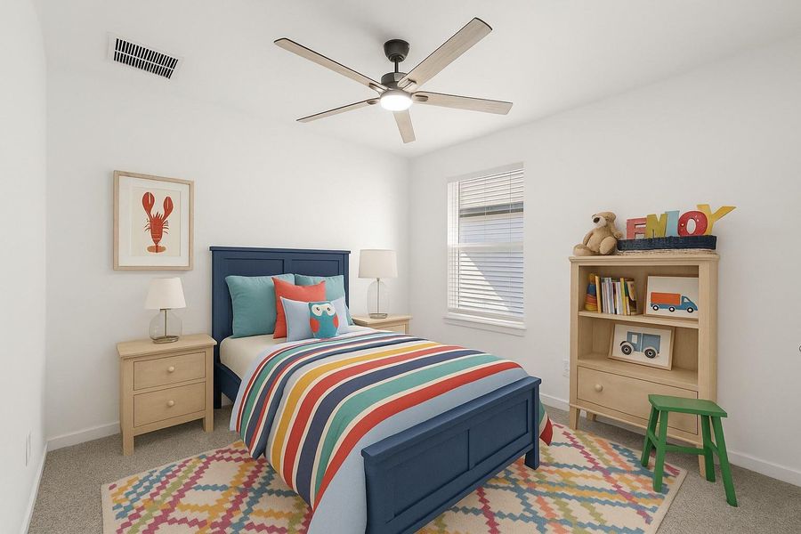This spacious secondary bedroom features bright natural light, a ceiling fan, and plush carpet. *This room has been virtually staged