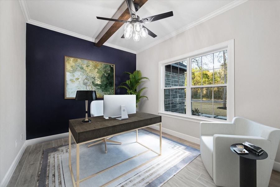 Virtually staged home office.  Large window looks to the front of the home.