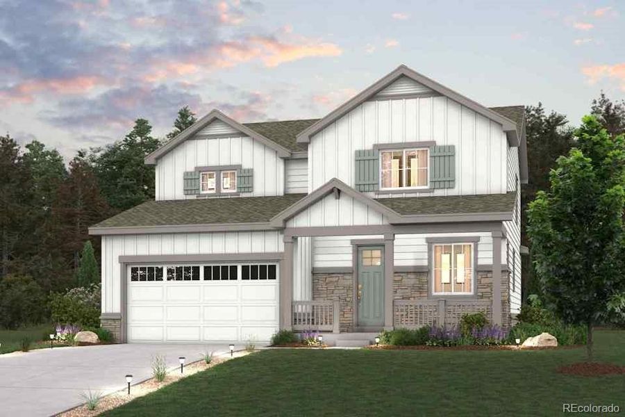 Front exterior of a new home in The Aurora Highlands, Aurora, CO, highlighting curb appeal (Image 1).
