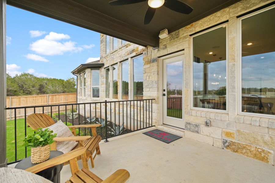 Exterior details and patio area of a home in Anthem 50', Kyle (Image 3). Exterior details and patio area of a home in Anthem 50', Kyle (Image 3).