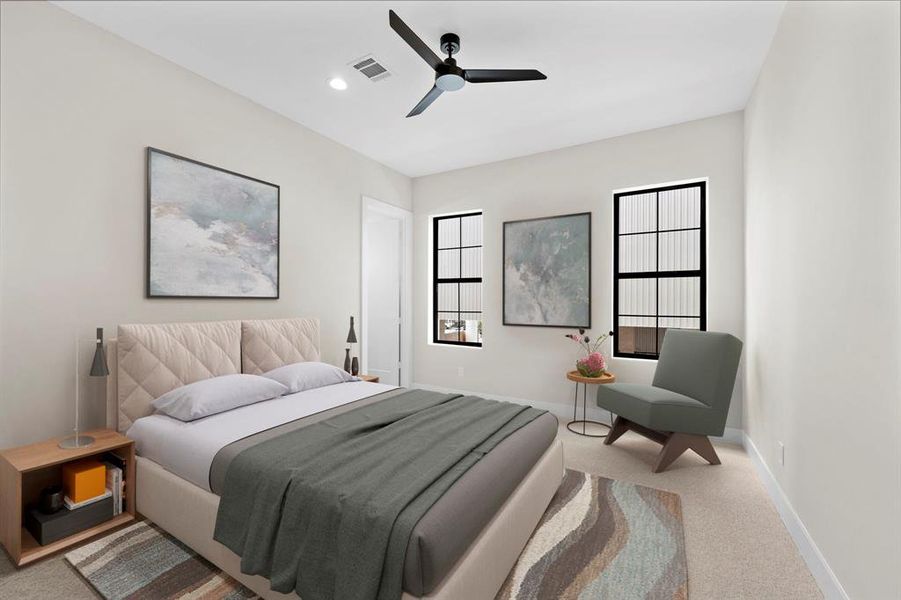 Secondary bedroom suite number two located on the second floor. Walk-in closet accessed to the left of the photo. Furniture shown in photo is virtually staged.