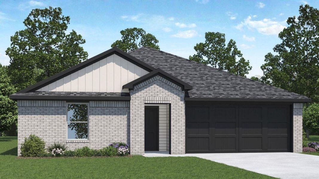 Front exterior of a new home in Silverthorne, Conroe, TX, highlighting curb appeal (Image 1). Front exterior of a new home in Silverthorne, Conroe, TX, highlighting curb appeal (Image 1).