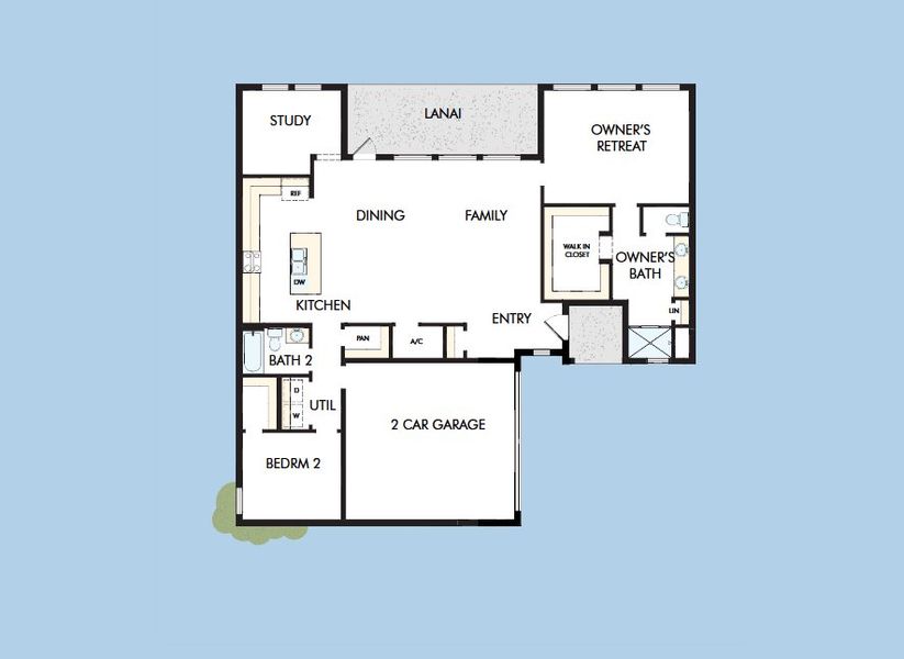 2D floor plan layout for the The Brolin by David Weekley Homes in Waterset Bungalow Series, Apollo Beach, FL (Image 3). 2D floor plan layout for the The Brolin by David Weekley Homes in Waterset Bungalow Series, Apollo Beach, FL (Image 3).