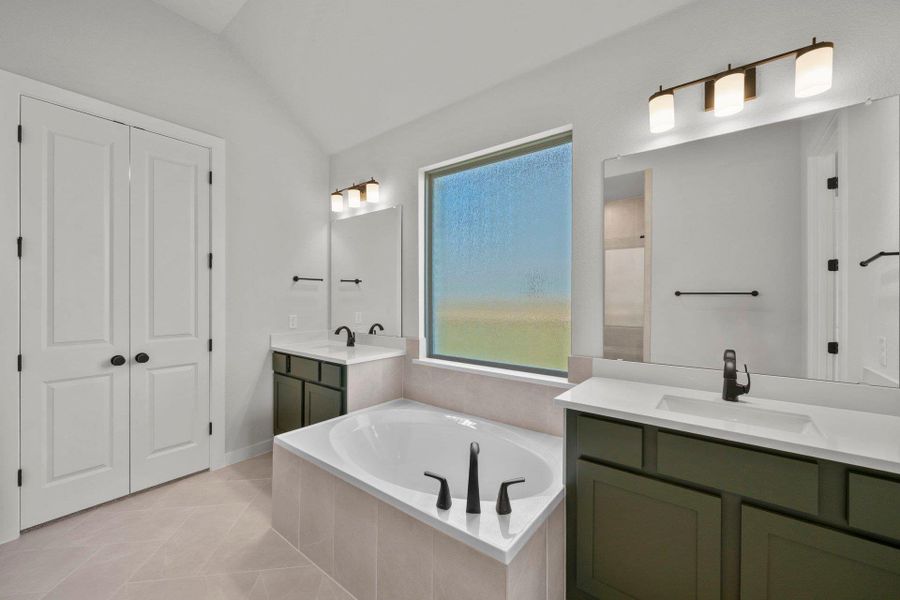 Primary Bath retreat with dual vanities & garden tub