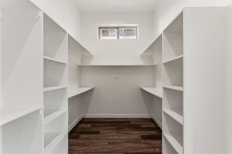 Walk in closet with dark wood-type flooring