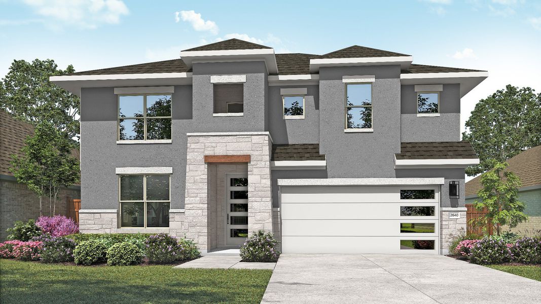 Representative exterior photo of a completed home built from the Magnolia by DRB Homes in Devine Landing, Leander, TX (Image 7). Representative exterior photo of a completed home built from the Magnolia by DRB Homes in Devine Landing, Leander, TX (Image 7).