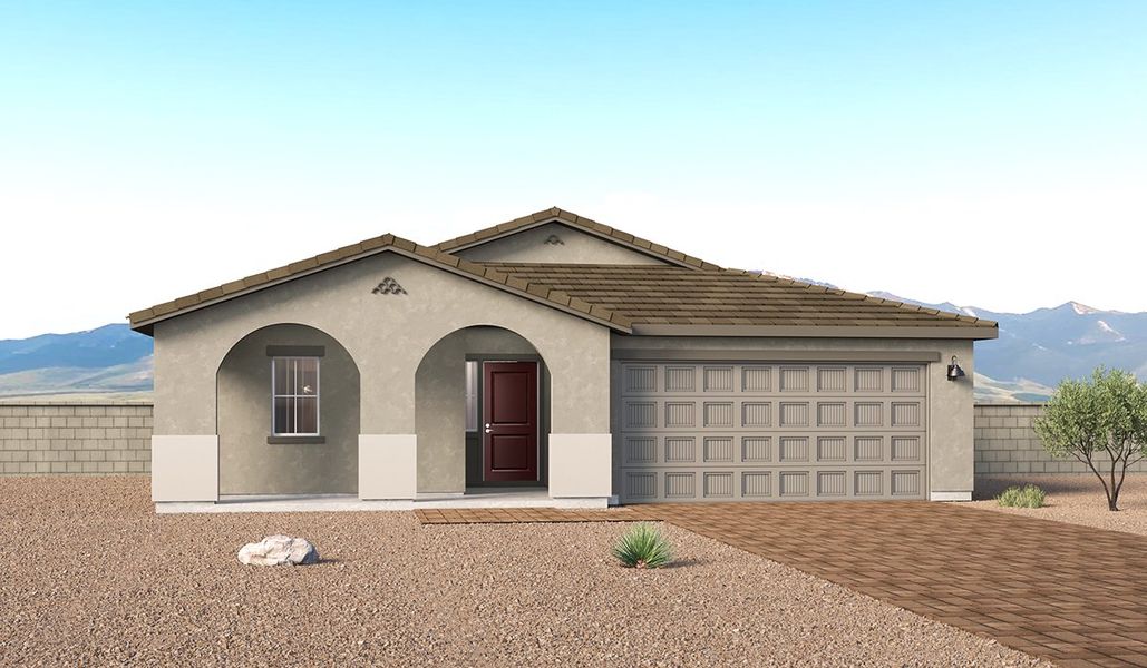 Representative exterior photo of a completed home built from the Mariposa - C40M by D.R. Horton in Entrada Del Toro at Rancho Sahuarita, Sahuarita, AZ (Image 1). Representative exterior photo of a completed home built from the Mariposa - C40M by D.R. Horton in Entrada Del Toro at Rancho Sahuarita, Sahuarita, AZ (Image 1).