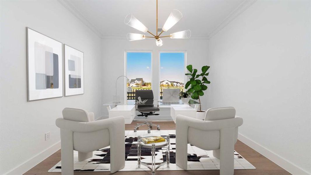 Office area featuring wood-type flooring, an inviting chandelier, and ornamental molding