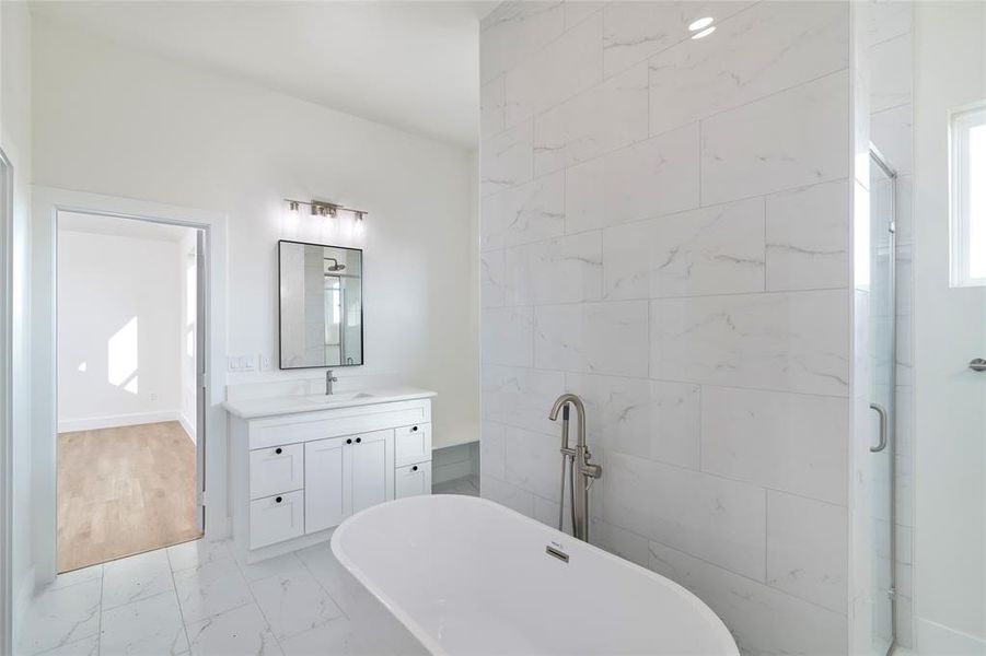 Bathroom with vanity, tile walls, and independent shower and bath