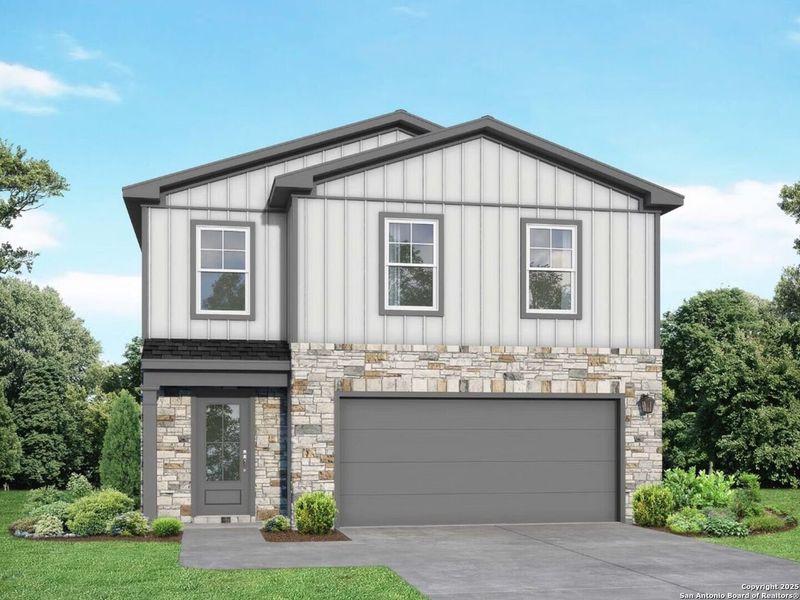 Front exterior of a new home in Applewhite Meadows, San Antonio, TX, highlighting curb appeal (Image 1).
