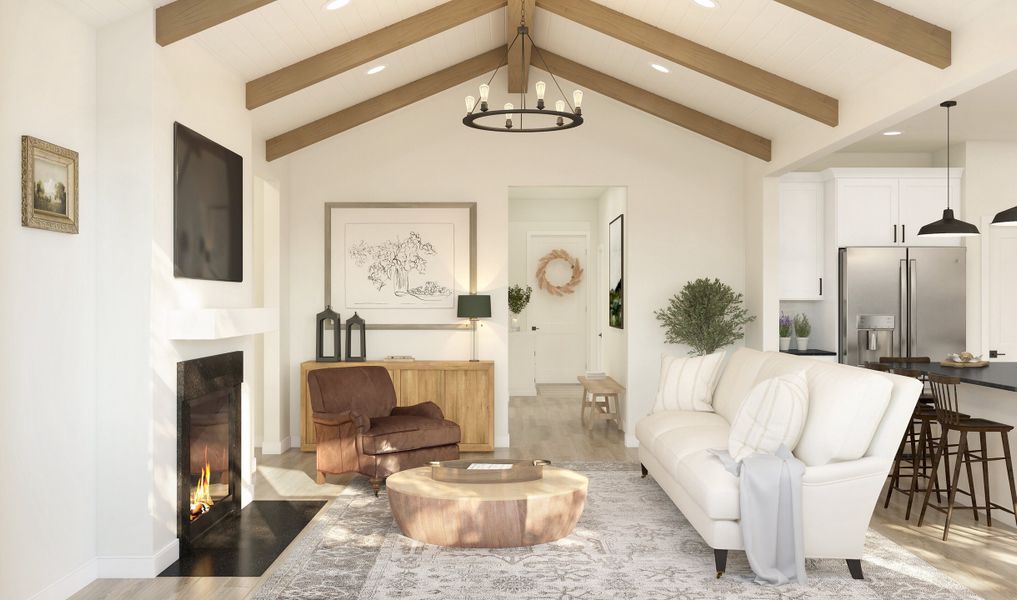 Great room with fireplace and stained ceiling beams