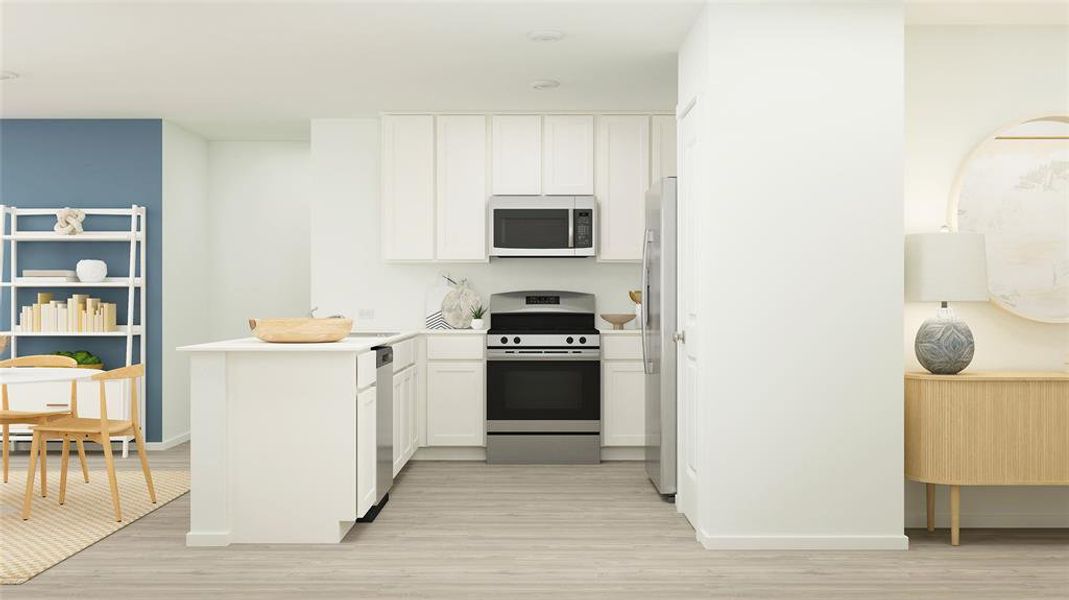 Kitchen featuring kitchen peninsula, white cabinetry, stainless steel appliances, and light wood-type flooring