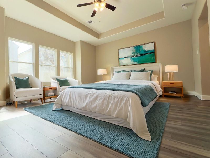 The ROCburne’s primary suite offers everyday convenience with generous closet space and direct access to a spa-inspired ensuite bath. Image depicts home as-is virtually staged. The ROCburne’s primary suite offers everyday convenience with generous closet space and direct access to a spa-inspired ensuite bath. Image depicts home as-is virtually staged.