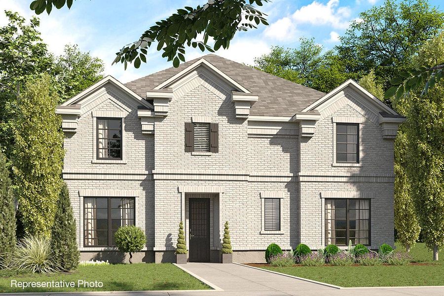Representative exterior photo of a completed home built from the Royal Hampton II by Grand Homes in Trails at Cottonwood Creek, Rowlett, TX (Image 6). Representative exterior photo of a completed home built from the Royal Hampton II by Grand Homes in Trails at Cottonwood Creek, Rowlett, TX (Image 6).