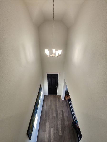 Dramatic vaulted ceilings crown this inviting entry, illuminated by a contemporary chandelier.
