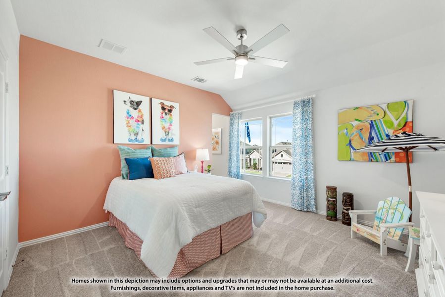 Bedroom with coral accent wall, ceiling fan, carpet flooring, and large window with blue curtains Bedroom with coral accent wall, ceiling fan, carpet flooring, and large window with blue curtains