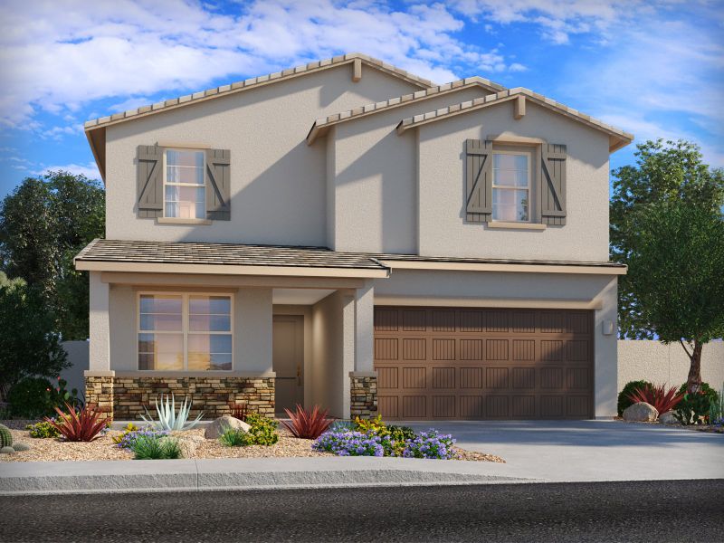 Representative exterior photo of a completed home built from the Emerald by Meritage Homes in Entrada Del Toro, Sahuarita, AZ (Image 1). Representative exterior photo of a completed home built from the Emerald by Meritage Homes in Entrada Del Toro, Sahuarita, AZ (Image 1).